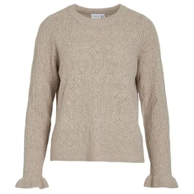 Vila dam Vijacia O-hals L/S Flounce stickad topp, Naturlig blandning, M Vila dam Vijacia O-hals L/S Flounce stickad topp, Naturlig blandning, M