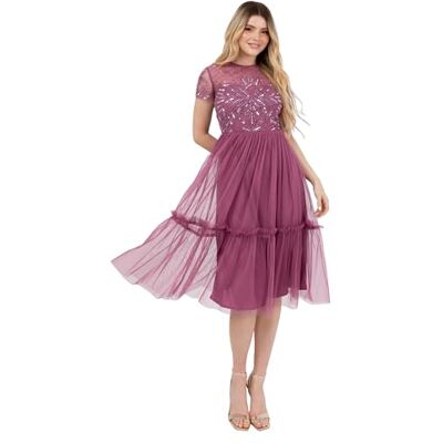 Maya Deluxe Dam midiklänning dam rund hals sheer kortärmad paljett utsmyckat tyll ruffle a-linje bröllop gäst tillfälle dam, rosa, 54 Maya Deluxe Dam midiklänning dam rund hals sheer kortärmad paljett utsmyckat tyll ruffle a-linje bröllop gäst tillfälle dam, rosa, 54