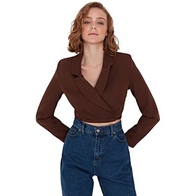 Trendyol dam skörd skörd reverskrage vävtyg blazer, BRUN, 40 Trendyol dam skörd skörd reverskrage vävtyg blazer, BRUN, 40