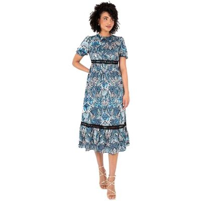 Lovedrobe Midi-klänning för damer, rund hals, kort puffärm, nivåsydd fåll, volang, djurtryck, A-linje, avslappnat tillfälle, blå 10, BLÅ, 36 SE Lovedrobe Midi-klänning för damer, rund hals, kort puffärm, nivåsydd fåll, volang, djurtryck, A-linje, avslappnat tillfälle, blå 10, BLÅ, 36 SE