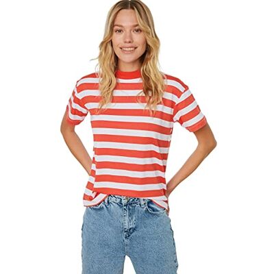 Trendyol Dam standard platt stående krage stickad T-shirt, Röd, XS Trendyol Dam standard platt stående krage stickad T-shirt, Röd, XS
