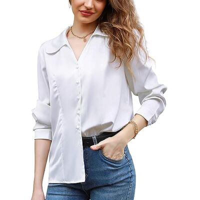 Irevial Dam satin vintage v-ringad blus elegant långärmad casual toppar skjorta lös långärmad tröja toppar, Vit, S Irevial Dam satin vintage v-ringad blus elegant långärmad casual toppar skjorta lös långärmad tröja toppar, Vit, S