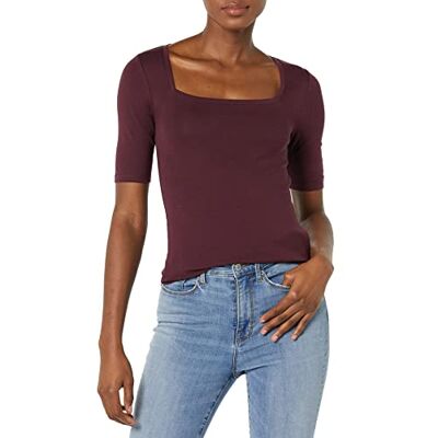 Amazon Essentials Women's T-shirt med smal passform med halvärm och fyrkantig hals, Vinröd, XS Amazon Essentials Women's T-shirt med smal passform med halvärm och fyrkantig hals, Vinröd, XS