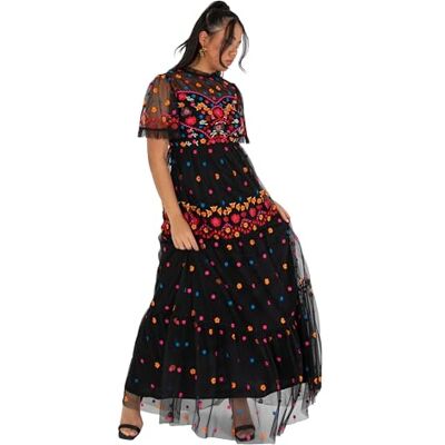 Maya Deluxe dam maxi kortärmad hög hals broderad ruffle frilly tyll A-linje för tillfälle kväll boll klänning, svart, 48 SE Maya Deluxe dam maxi kortärmad hög hals broderad ruffle frilly tyll A-linje för tillfälle kväll boll klänning, svart, 48 SE