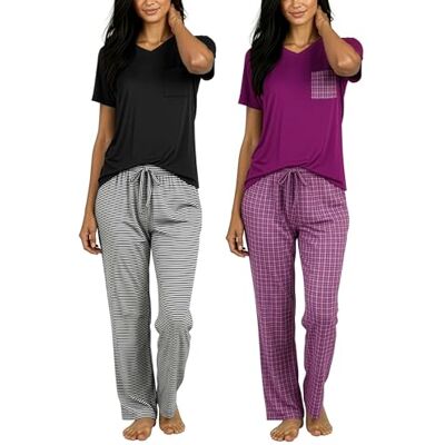 Real Essentials 4 delar: Dam supermjukt pyjamasset V-hals kortärmad topp med byxor myskläder, Set E svart och lila, M Real Essentials 4 delar: Dam supermjukt pyjamasset V-hals kortärmad topp med byxor myskläder, Set E svart och lila, M