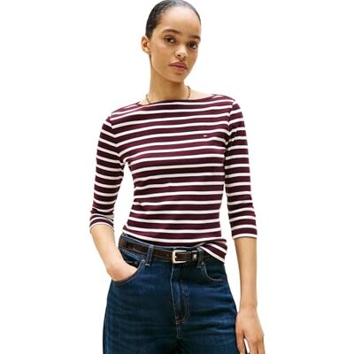 Tommy Hilfiger kvinnors Slim Cody Boat-NK 3/4SLV WW0WW40589 andra t-shirts, röd, XXS, Röd (djup vinröd/Ecru Stp), XXS Tommy Hilfiger kvinnors Slim Cody Boat-NK 3/4SLV WW0WW40589 andra t-shirts, röd, XXS, Röd (djup vinröd/Ecru Stp), XXS