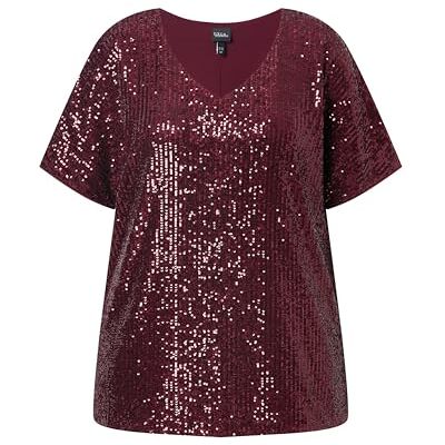 Ulla Popken damer stora storlekar överdimensionerade plus storlek paljettskjorta, oversized, v-hals, halvärm, Vinröd, 46-48 Ulla Popken damer stora storlekar överdimensionerade plus storlek paljettskjorta, oversized, v-hals, halvärm, Vinröd, 46-48