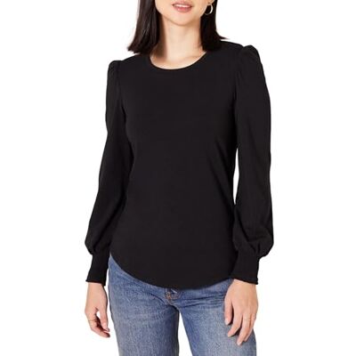 Amazon Essentials dam långärmad rund hals smockad manschett t-shirt, svart, small Amazon Essentials dam långärmad rund hals smockad manschett t-shirt, svart, small