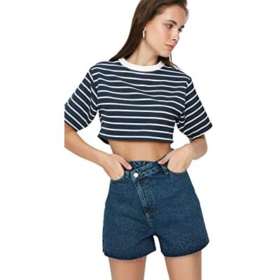 Trendyol Kvinnor hög midja raka benshorts, blå, 38, BLÅ, 64 Trendyol Kvinnor hög midja raka benshorts, blå, 38, BLÅ, 64