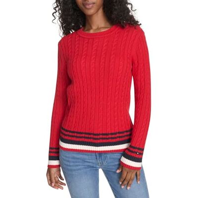 Tommy Hilfiger dam bomull rund hals kabeltröja, Scarlet Multi, M Tommy Hilfiger dam bomull rund hals kabeltröja, Scarlet Multi, M