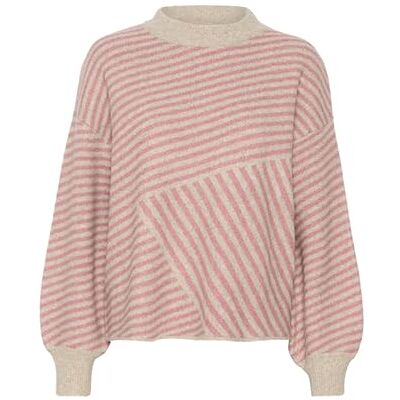 KAFFE Dam pullover rund hals grafiskt tryck ledig passform långärmad stickad, Fjäder grå Mel. / Rosa, XS KAFFE Dam pullover rund hals grafiskt tryck ledig passform långärmad stickad, Fjäder grå Mel. / Rosa, XS