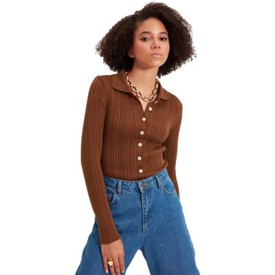 Trendyol Figursydd figursydd polokrage stickad cardigan, Brun, L Trendyol Figursydd figursydd polokrage stickad cardigan, Brun, L
