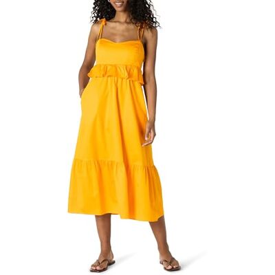 Amazon Essentials dam passform och utsvängd bomull satin imperium midja midi volang klänning, guldgul, XS Amazon Essentials dam passform och utsvängd bomull satin imperium midja midi volang klänning, guldgul, XS