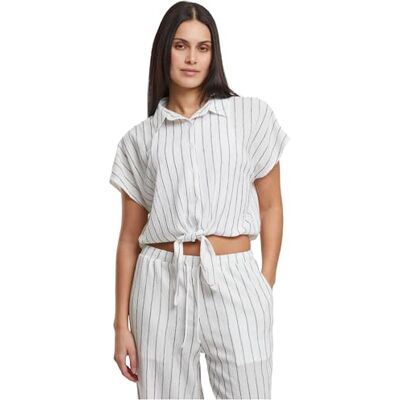 Urban Classics Damskjortblus Ladies strukturerad randig blus med knutar, lös passform, storlekar XS – 5XL, Offwhite/svart, L Urban Classics Damskjortblus Ladies strukturerad randig blus med knutar, lös passform, storlekar XS – 5XL, Offwhite/svart, L