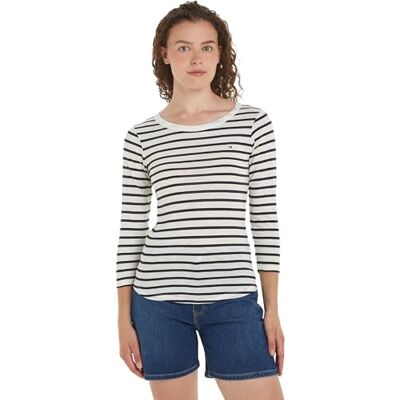 Tommy Hilfiger Kvinnor 1985 Slim Slub Open-Nk 3/4 SLV L/S stickade toppar, vit, XS, Breton Ecru/Ökenhimmel, XS Tommy Hilfiger Kvinnor 1985 Slim Slub Open-Nk 3/4 SLV L/S stickade toppar, vit, XS, Breton Ecru/Ökenhimmel, XS
