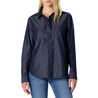 Amazon Essentials dam avslappnad passform denim Chambray button-down långärmad skjorta, Skölj, S Amazon Essentials dam avslappnad passform denim Chambray button-down långärmad skjorta, Skölj, S
