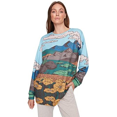 Trendyol Dam rund hals landskap tryck vanlig sweatshirt, flerfärgad, S, Flerfärgad Trendyol Dam rund hals landskap tryck vanlig sweatshirt, flerfärgad, S, Flerfärgad