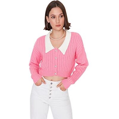 Trendyol Dam anpassad standard Peter Pan-krage stickad cardigan, Rosa, S Trendyol Dam anpassad standard Peter Pan-krage stickad cardigan, Rosa, S