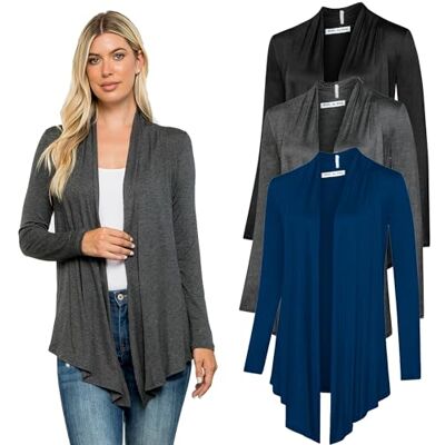 Free to Live 3-pack lätt cardigan för kvinnor sommar höst tröjor öppen framsida långärmad uppklädd business casual sjalar, Svart, kol och marinblå, XL Free to Live 3-pack lätt cardigan för kvinnor sommar höst tröjor öppen framsida långärmad uppklädd business casual sjalar, Svart, kol och marinblå, XL
