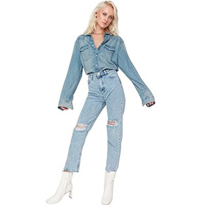 Trendyol Dam hög midja raka ben raka jeans, BLÅ, 62 SE Trendyol Dam hög midja raka ben raka jeans, BLÅ, 62 SE