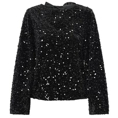 PIECES PCKAM LS DEEP Back Bow Top, Svart/detaljer: svarta paljetter, S PIECES PCKAM LS DEEP Back Bow Top, Svart/detaljer: svarta paljetter, S