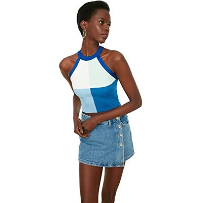 Trendyol kvinnor smal bodycon grimma hals stickad blus, BLÅ, XS Trendyol kvinnor smal bodycon grimma hals stickad blus, BLÅ, XS