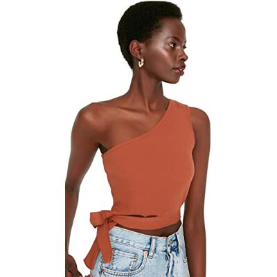 Trendyol Dam anpassad axellös båt hals stickad blus, Kanel, XS Trendyol Dam anpassad axellös båt hals stickad blus, Kanel, XS