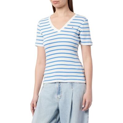 Tommy Hilfiger dam-t-shirt, kortärmad, New Slim Cody V-hals, flerfärgad (Ecru/Blue Spell STP), XS Tommy Hilfiger dam-t-shirt, kortärmad, New Slim Cody V-hals, flerfärgad (Ecru/Blue Spell STP), XS