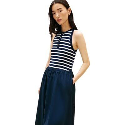 Tommy Hilfiger dam guldknapp poplin mix klänning WW0WW49628, blå, XXS Tommy Hilfiger dam guldknapp poplin mix klänning WW0WW49628, blå, XXS