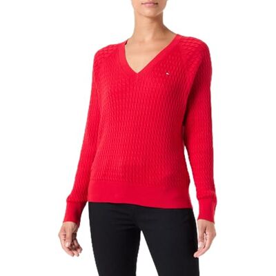 Tommy Hilfiger dam CO kabel V-NK tröja WW0WW43093, pullover tröja, röd, XXS, Röd (primär röd), XXS Tommy Hilfiger dam CO kabel V-NK tröja WW0WW43093, pullover tröja, röd, XXS, Röd (primär röd), XXS