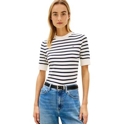 Tommy Hilfiger dam Co Jersey Fine Gg C-Nk Ss SWT WW0WW49705, vit, XS Tommy Hilfiger dam Co Jersey Fine Gg C-Nk Ss SWT WW0WW49705, vit, XS