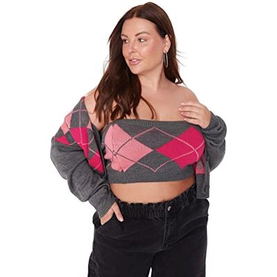 Trendyol Dam fyrkantig krage rutig avslappnad plus storlek cardigan tröja, antracit, 2XL (förpackning med 2), Antracit, XXL Trendyol Dam fyrkantig krage rutig avslappnad plus storlek cardigan tröja, antracit, 2XL (förpackning med 2), Antracit, XXL