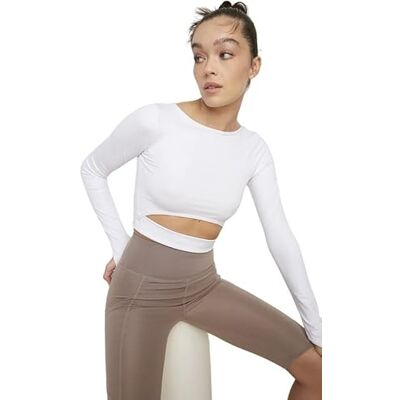 Trendyol Dam sportkläder crop standard rund hals stickad blus, Vitt, S Trendyol Dam sportkläder crop standard rund hals stickad blus, Vitt, S