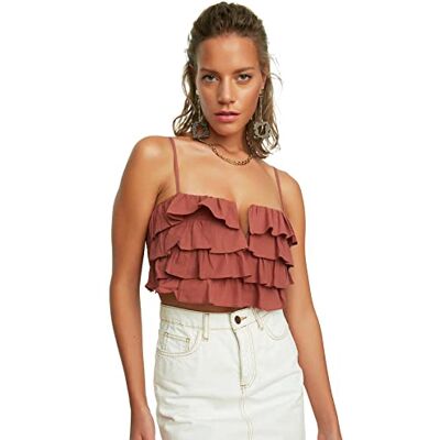 Trendyol Frilly Crop-vävd blus för kvinnor, BRUN, 36 Trendyol Frilly Crop-vävd blus för kvinnor, BRUN, 36