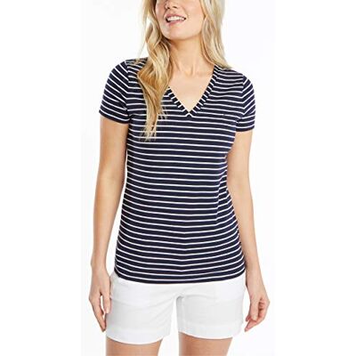 Nautica Damer Easy Comfort V-Neck randig supermjuk stretch bomull T-shirt, Marinblå, XS Nautica Damer Easy Comfort V-Neck randig supermjuk stretch bomull T-shirt, Marinblå, XS