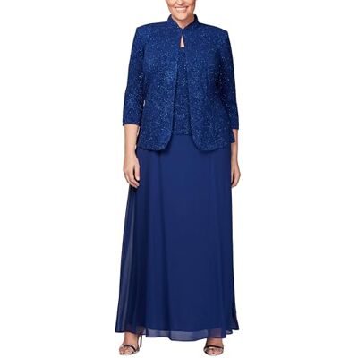 Alex Evenings Dam plus size lång klänning med mandarin urringning jacka, Elektriskt blå, 50 SE/Plus Alex Evenings Dam plus size lång klänning med mandarin urringning jacka, Elektriskt blå, 50 SE/Plus