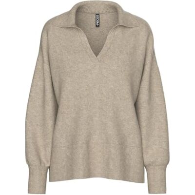PIECES Pcmalou Ls Polo Knit Noos Bc, taupe grå, S PIECES Pcmalou Ls Polo Knit Noos Bc, taupe grå, S