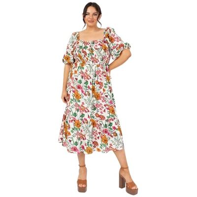 Lovedrobe Dam midi dam kort puffärmar fyrkantig halslinje blommig ruffle frill tröja A-linje milkmaid sommar smock klänning, Ivory blommigt tryck, 42 Lovedrobe Dam midi dam kort puffärmar fyrkantig halslinje blommig ruffle frill tröja A-linje milkmaid sommar smock klänning, Ivory blommigt tryck, 42