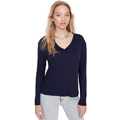 Trendyol Dam dam normal bodycon rund hals stickad t-shirt, marinblå, S, marinblå, S Trendyol Dam dam normal bodycon rund hals stickad t-shirt, marinblå, S, marinblå, S