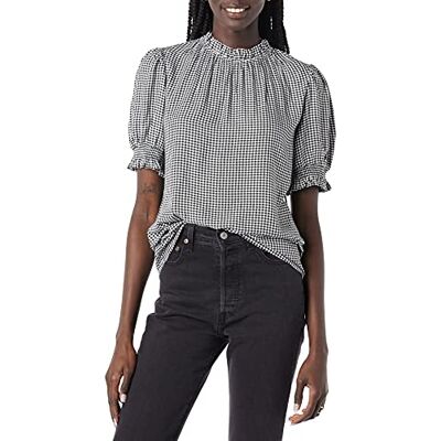 Amazon Essentials kvinnors flytande twill kortärmad puff ärm smock detalj skjorta, svart gingham, Large Amazon Essentials kvinnors flytande twill kortärmad puff ärm smock detalj skjorta, svart gingham, Large