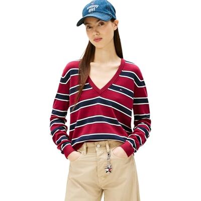 Tommy Jeans Dam TJW Essential Vneck tröja EXT DW0DW1988 pullover tröja, röd (Lavish Cerise/Multi Stripe), XL, Röd (Lavish Cerise/Multi Stripe), XL Tommy Jeans Dam TJW Essential Vneck tröja EXT DW0DW1988 pullover tröja, röd (Lavish Cerise/Multi Stripe), XL, Röd (Lavish Cerise/Multi Stripe), XL