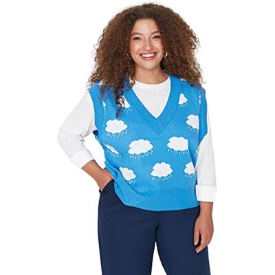 Trendyol Dam V-ringad Galaxy Oversize Plus Size Tröja, Blå, 2XL, BLÅ, XXL Trendyol Dam V-ringad Galaxy Oversize Plus Size Tröja, Blå, 2XL, BLÅ, XXL