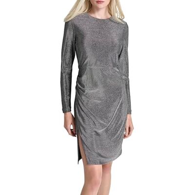DKNY kvinnors långärmad jewel neck ruche klänning, svart/silver, storlek 38, svart/silver, 38 DKNY kvinnors långärmad jewel neck ruche klänning, svart/silver, storlek 38, svart/silver, 38
