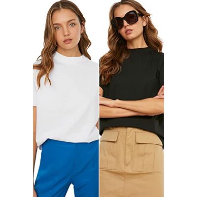 Trendyol Kvinnors vit och svart steep krage 2 paket basic stickad t-shirt, XL Trendyol Kvinnors vit och svart steep krage 2 paket basic stickad t-shirt, XL