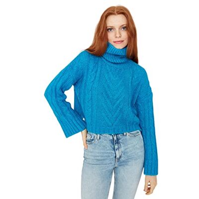 Trendyol Dam polokrage vanlig vanlig tröja sweatshirt, blå, L, BLÅ Trendyol Dam polokrage vanlig vanlig tröja sweatshirt, blå, L, BLÅ