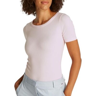 Tommy Hilfiger dam Slim 5X2 Rib C-NK SS WW0WW37866, Rosa (ljusrosa), L Tommy Hilfiger dam Slim 5X2 Rib C-NK SS WW0WW37866, Rosa (ljusrosa), L