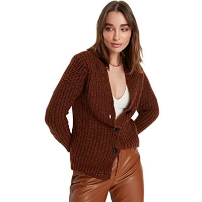 Trendyol Vanlig standard v-ringad stickad kofta, Kanel, S Trendyol Vanlig standard v-ringad stickad kofta, Kanel, S