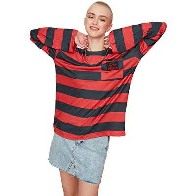 Trendyol Kvinnors röd ficka lapp detailed randig stickad blus, XS Trendyol Kvinnors röd ficka lapp detailed randig stickad blus, XS