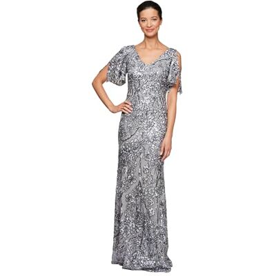 Alex Evenings Women's Long Mother of The Bride Sequin Dress with Cold Shoulder Flutter Sleeves Regular Sizes, Silver, 14 Petite Alex Evenings Women's Long Mother of The Bride Sequin Dress with Cold Shoulder Flutter Sleeves Regular Sizes, Silver, 14 Petite