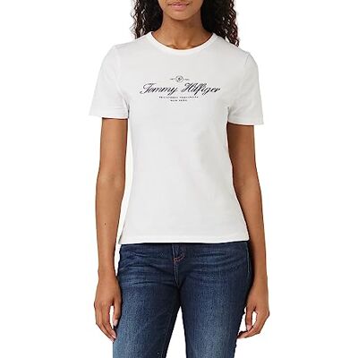 Tommy Hilfiger Dam Slim Signature C NK 1/2 SLV S/S stickade toppar, Thh Optic White, XS, Th optik vit, XS Tommy Hilfiger Dam Slim Signature C NK 1/2 SLV S/S stickade toppar, Thh Optic White, XS, Th optik vit, XS